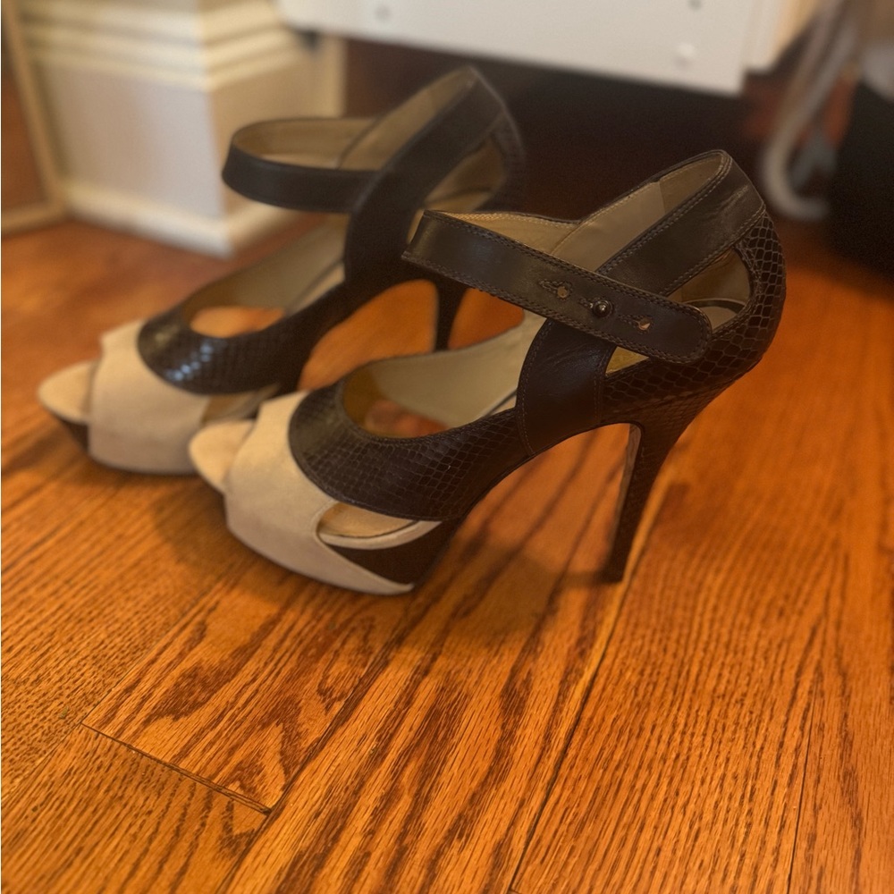 L.A.M.B. Brown and Beige Peep Toe Stilettos